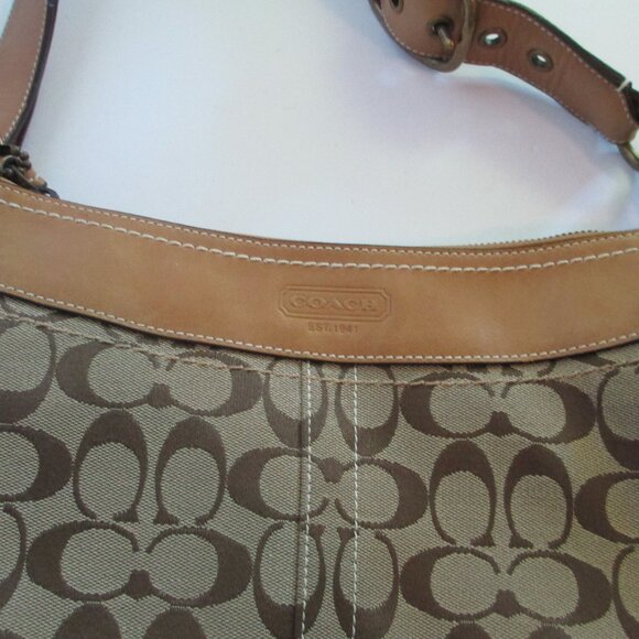 Coach 10403 Signature Shoulder Bag Brown Tan Hobo Handbag Zip Front Pocket Purse - Picture 14 of 15